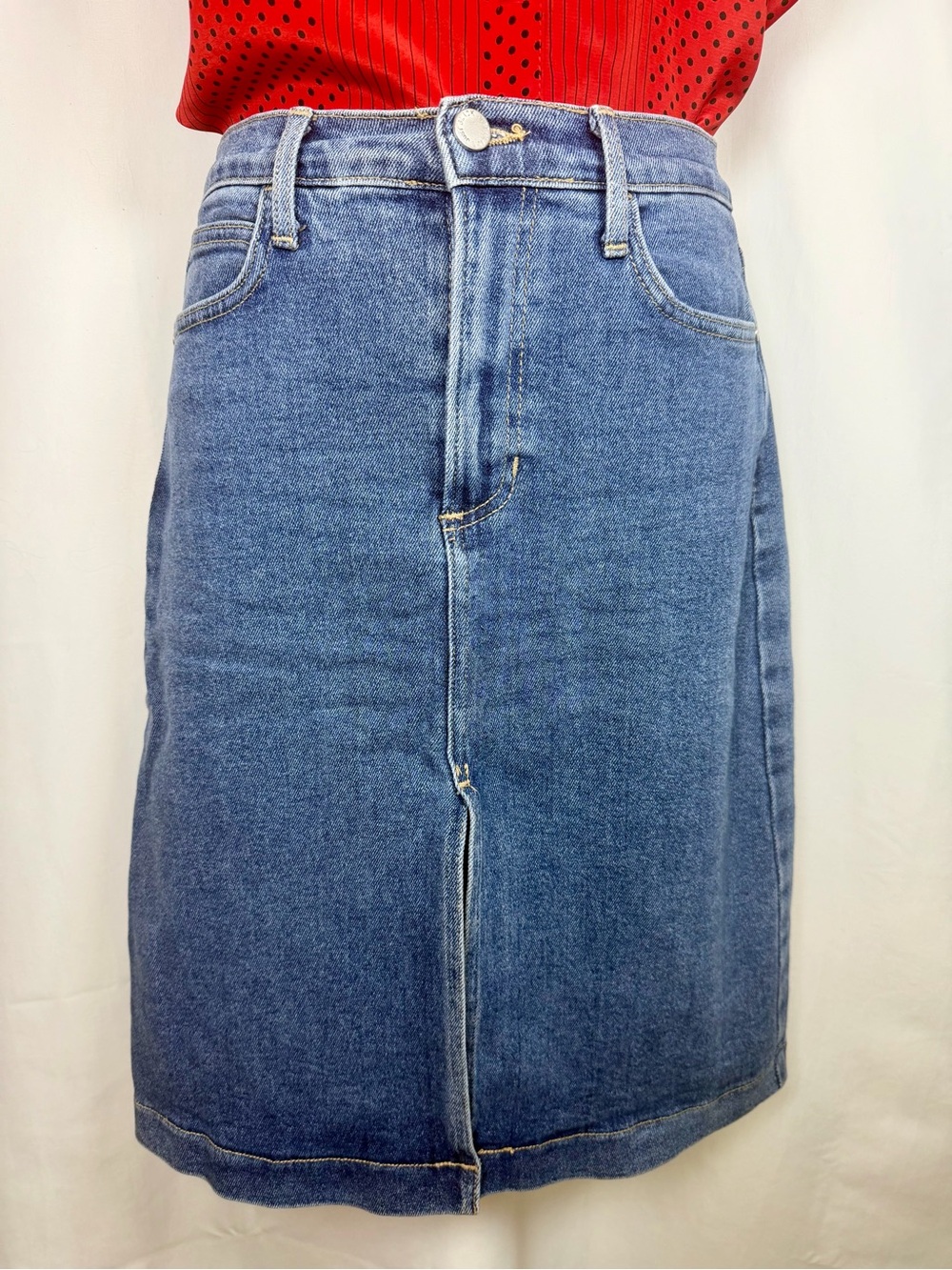 Just Black Denim Pencil Skirt A-Line Small High Rise Midi Front Slit Made in USA